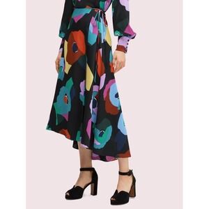 Kate Spade Poppy Print Wrap Skirt Black Multi Floral High Low Midi NWOT size 10